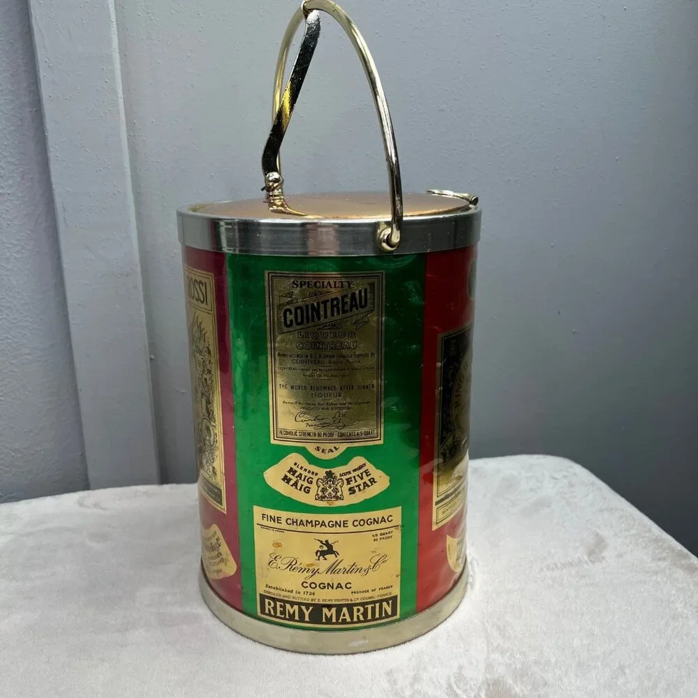 Vintage Kraftware Ice Bucket Martini Rossi King William Piper Gold Tone Flip Lid